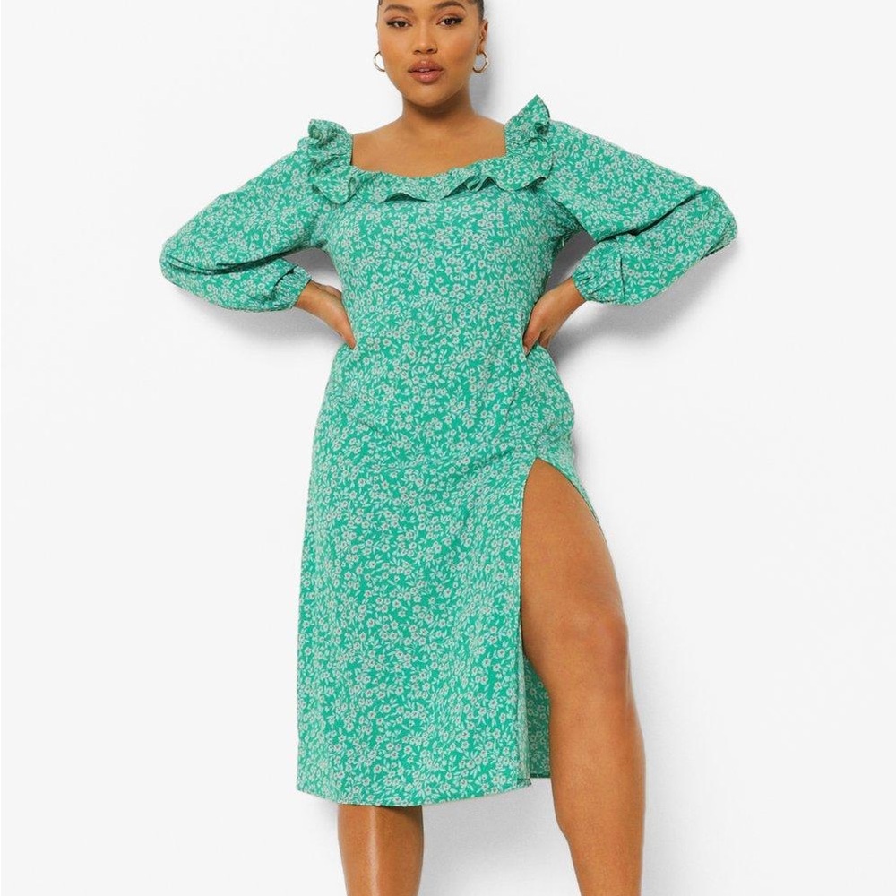 Green Floral Midi Dress with Ruffles and Side Slit